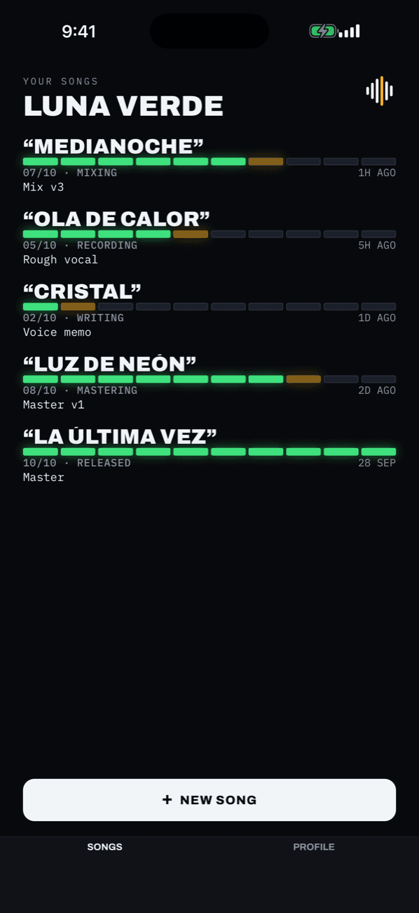 WaveCode Studio song list, each song showing its stage as a row of console lights